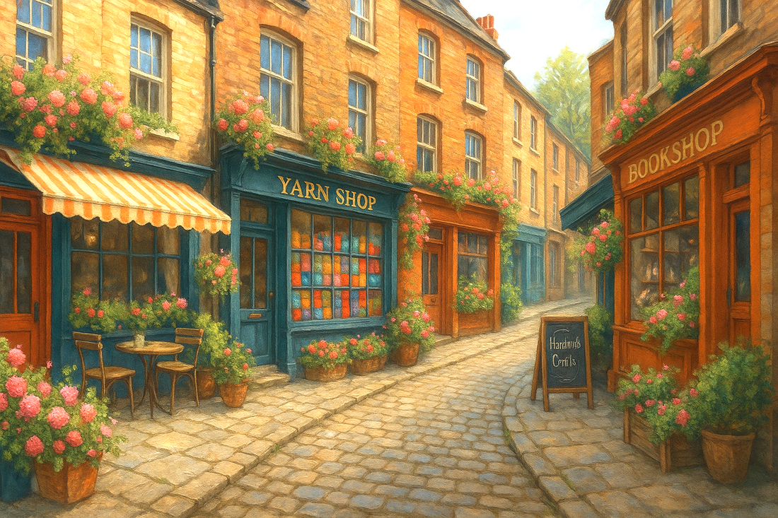 Day17Vintage Blog Yarn Shops of London, painting of a quaint London street scene