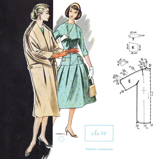 Vintage 1950s sewing pattern drafting book Lutterloh supplement no. 70 drop waist dress and coat