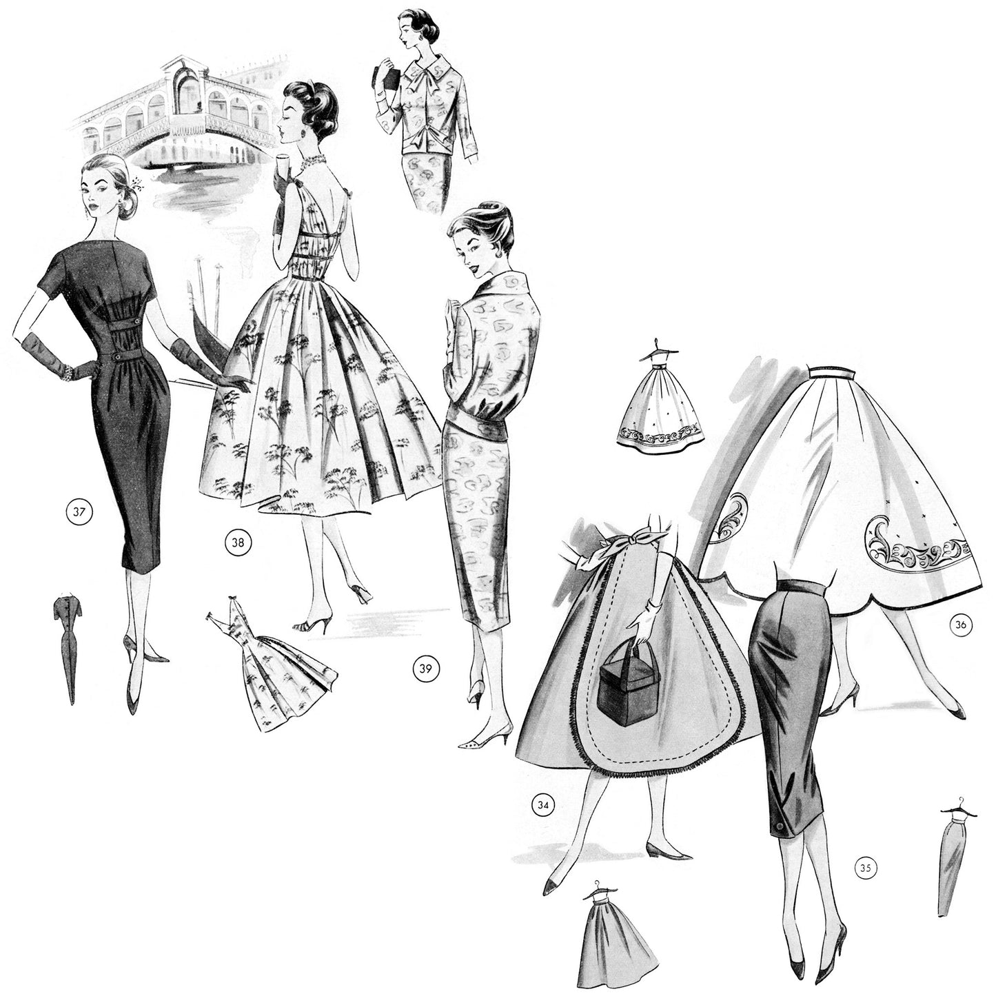 Vintage 1950s sewing pattern drafting book Lutterloh supplement no. 70 cocktail dresses circle skirts