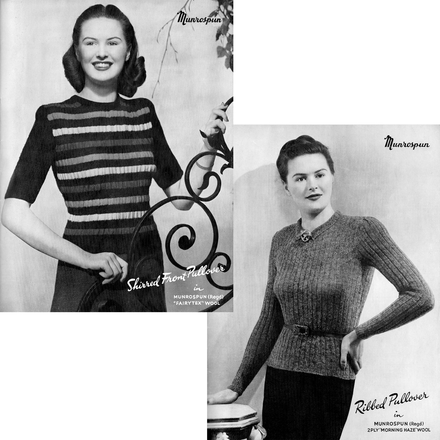 Munrospun knitting book No. 10, ruched striped short sleeve sweater, long sleeve ladies' pullover