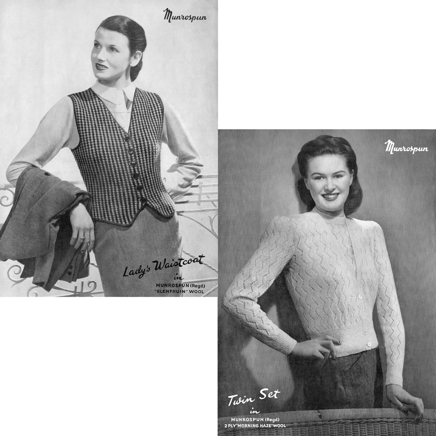 Munrospun knitting book No. 10, knitted waistcoat, lacy twin set