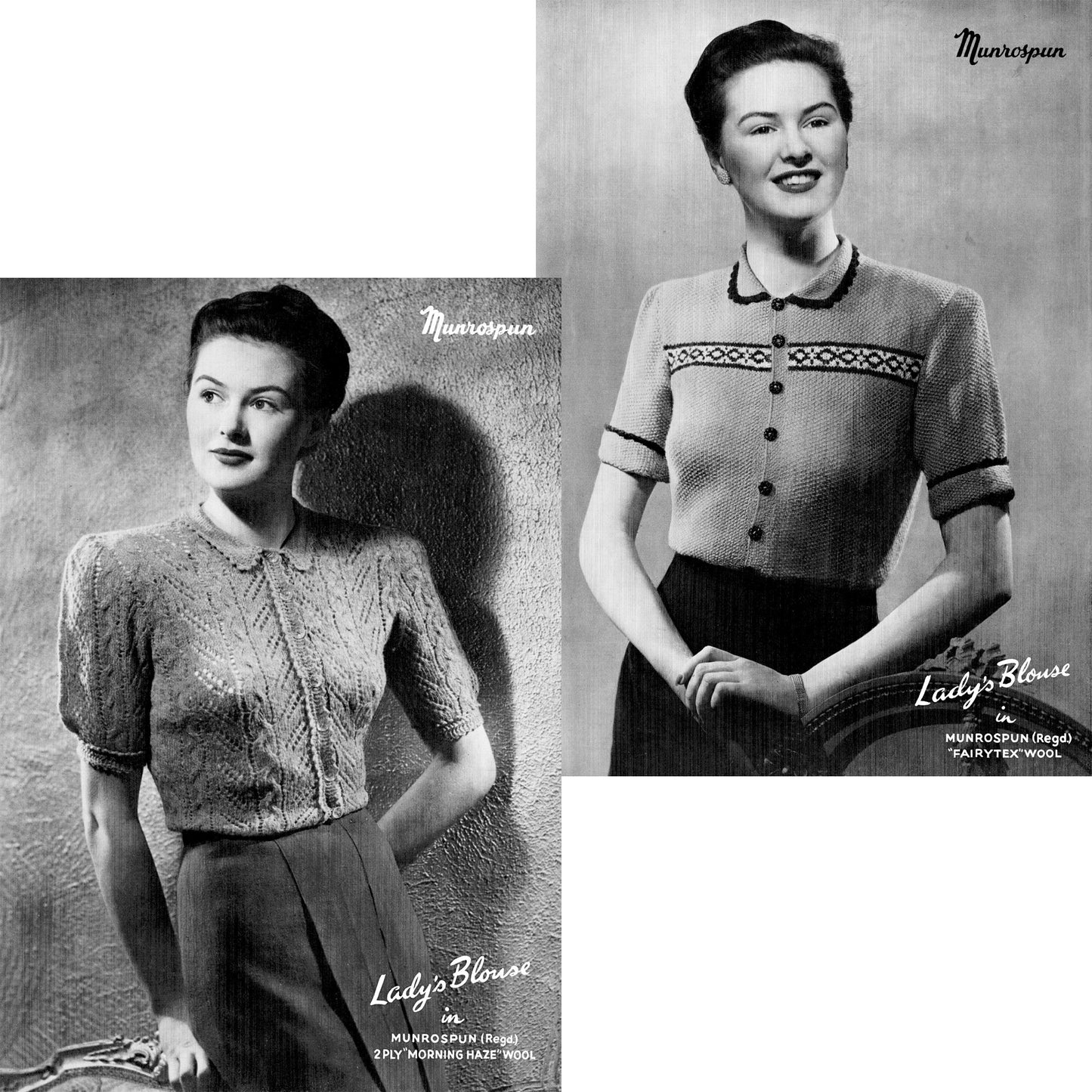 Munrospun knitting book No. 10, two ladies' button front short sleeve sweaters