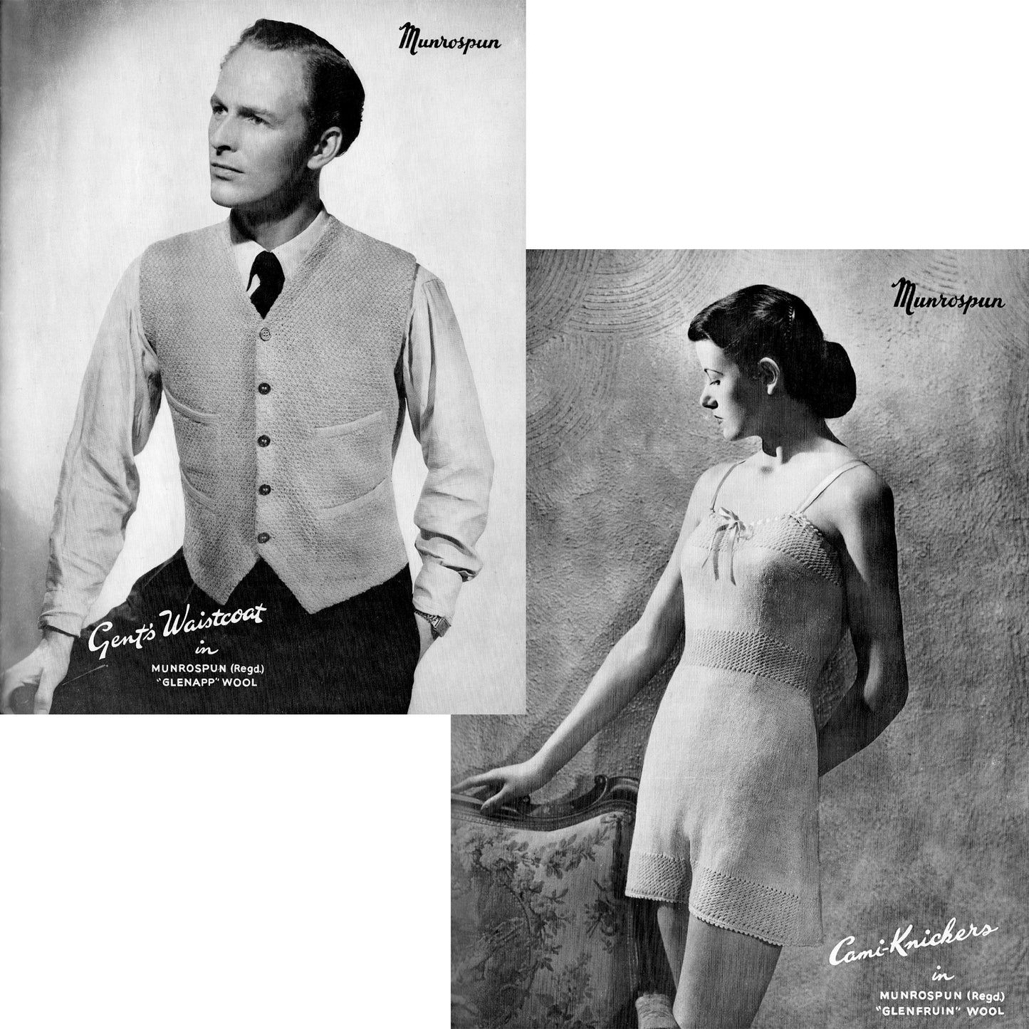 Munrospun knitting book No. 10, knitted lingerie knickers, men's knitted waistcoat