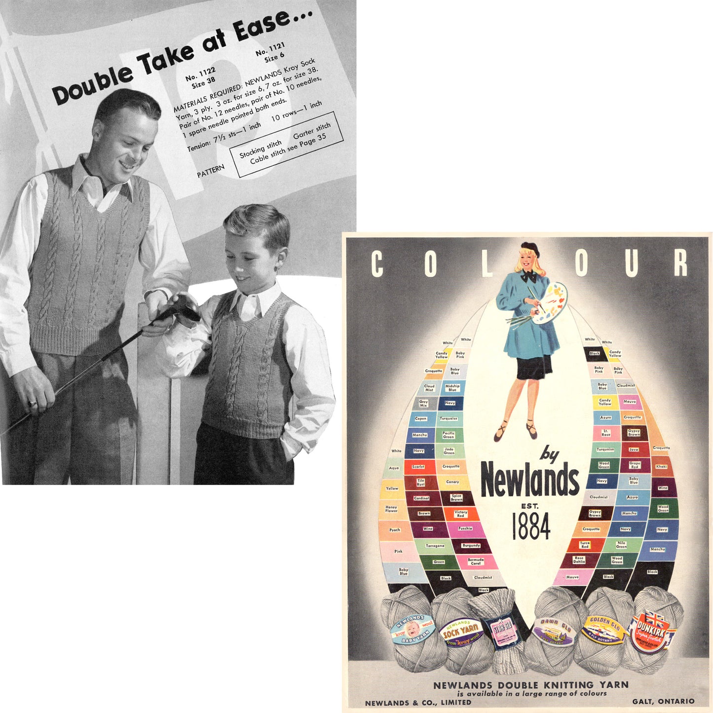 1940s knitting pattern book Newlands Simplified Hand Knits, cable knit vests for men and boys, and back cover showing yarn colors