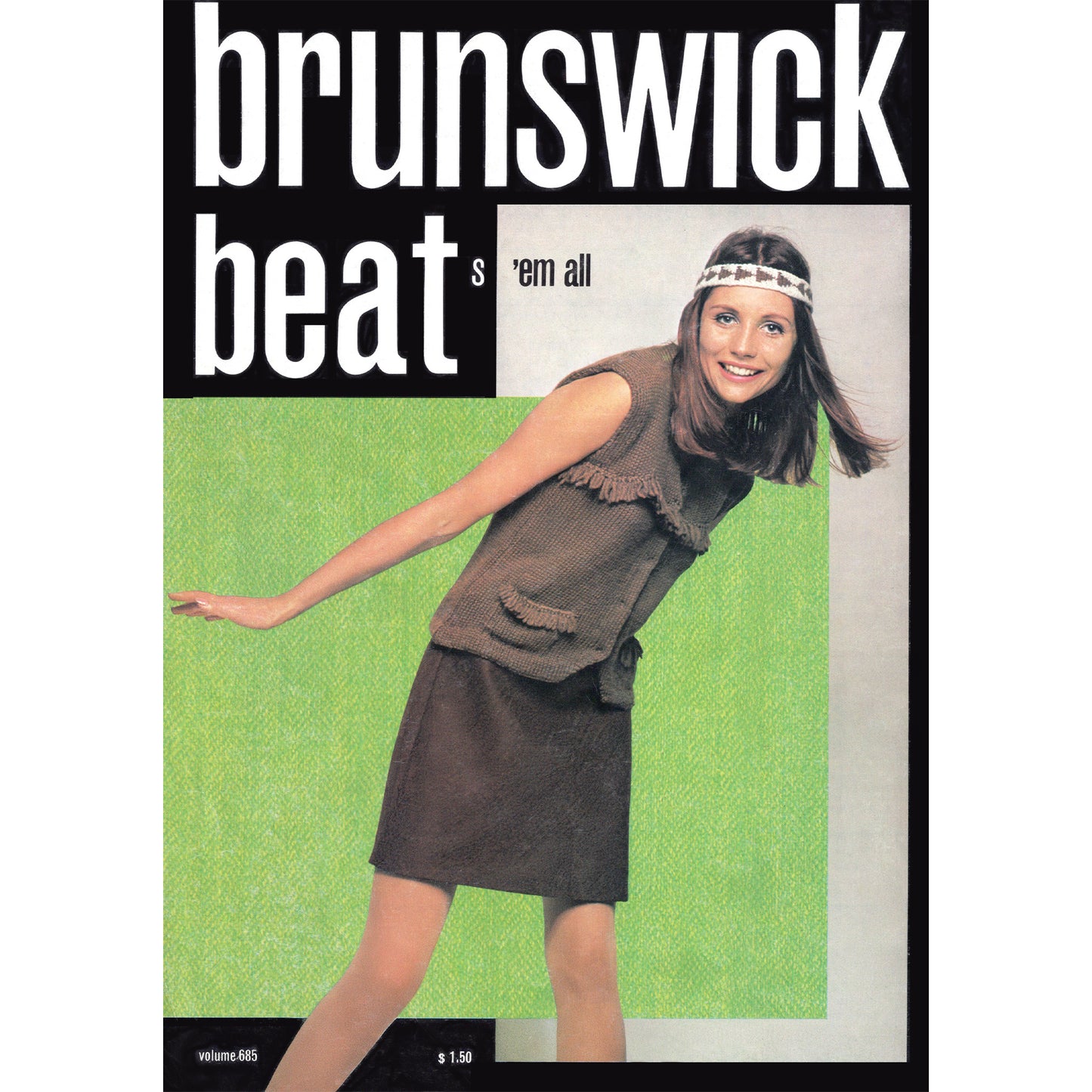 Magazine back cover with a woman in a brown dress and headband, featuring 'brunswick beat' text.