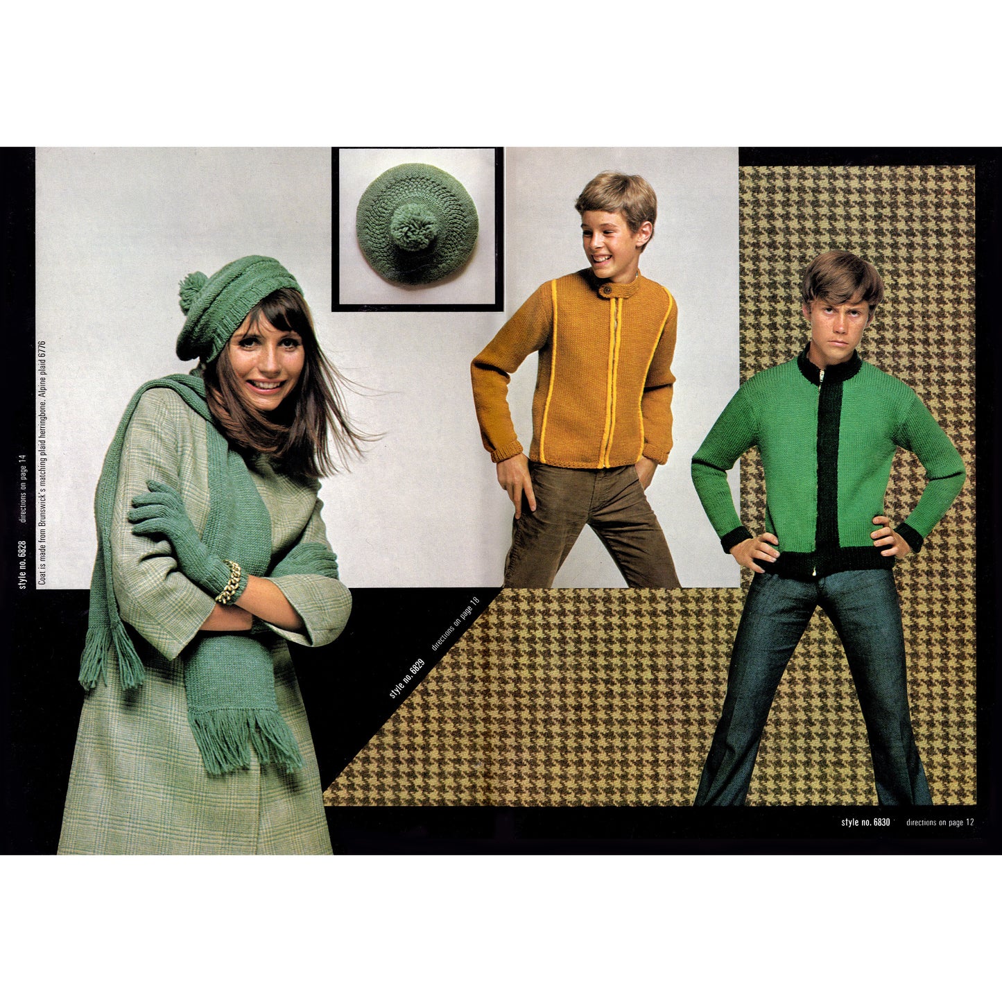 Three people wearing green and brown knitted clothing with a framed knitted hat in the background.