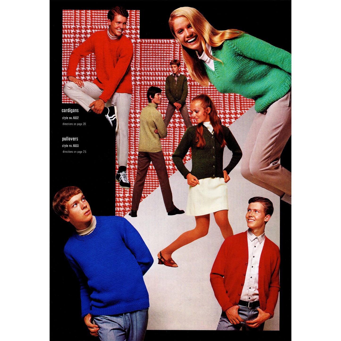 Vintage-style advertisement with people wearing colorful sweaters and cardigans against a checkered background.