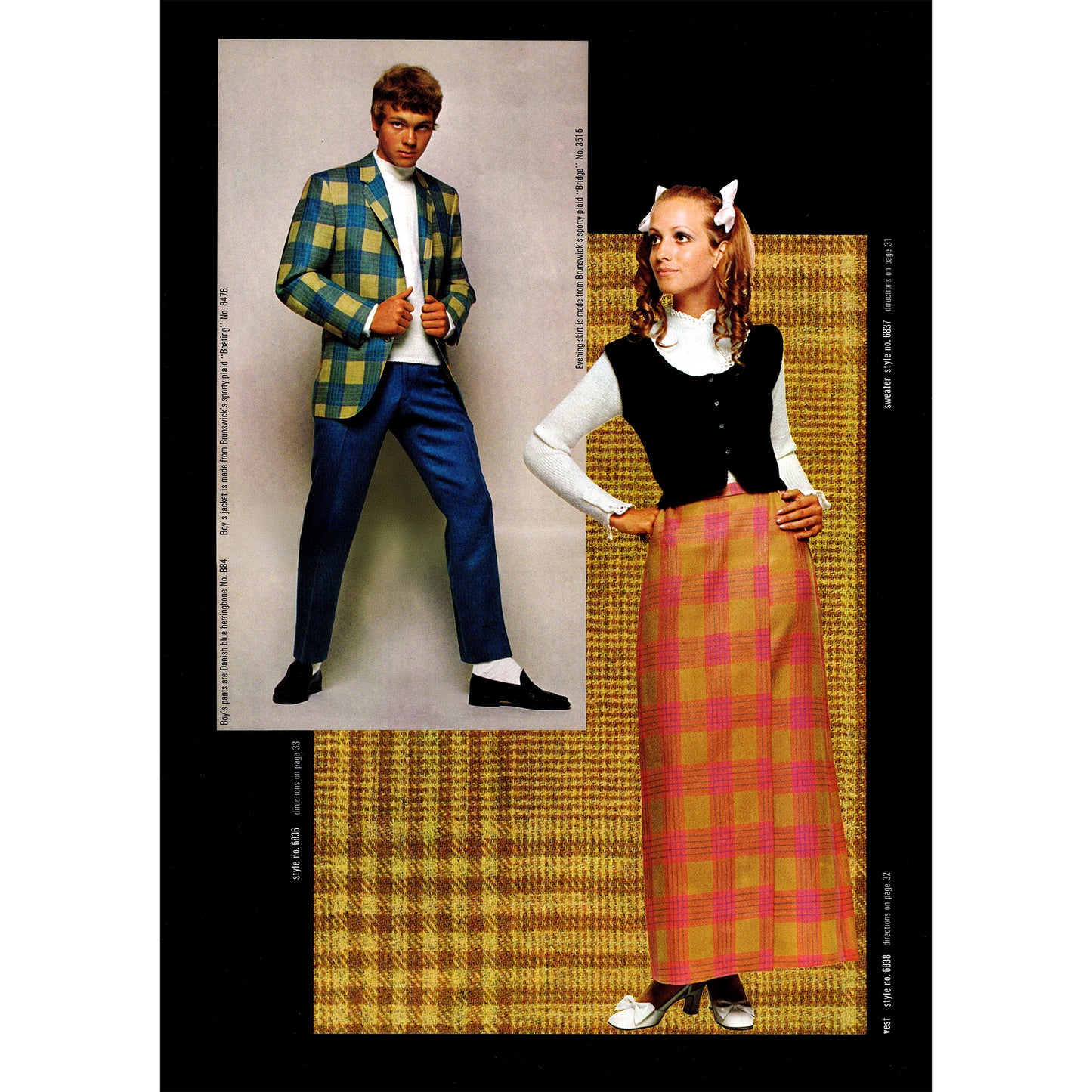 Two people wearing vintage clothing with a plaid pattern on a textured background
