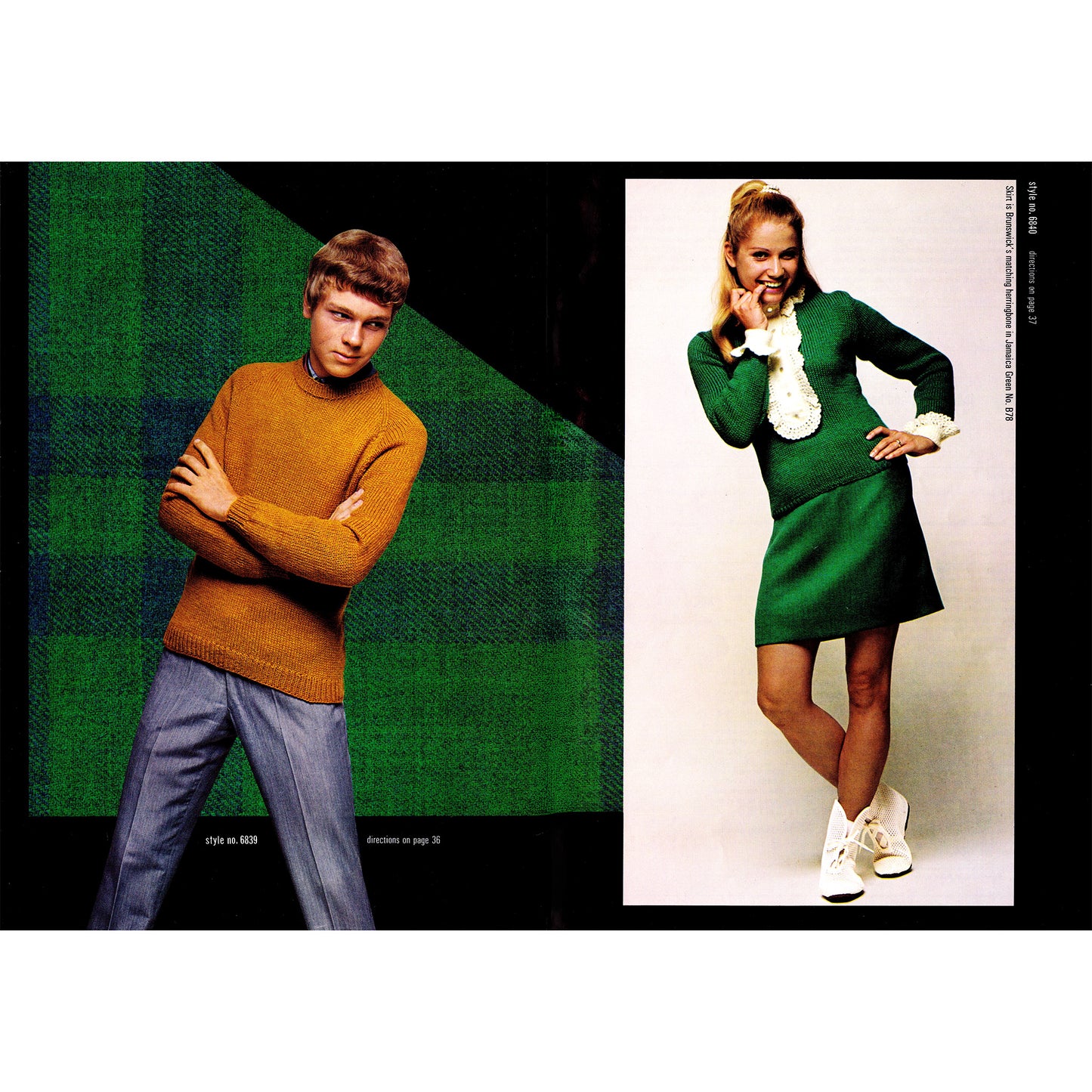 Two people wearing vintage clothing against a green plaid and white background.