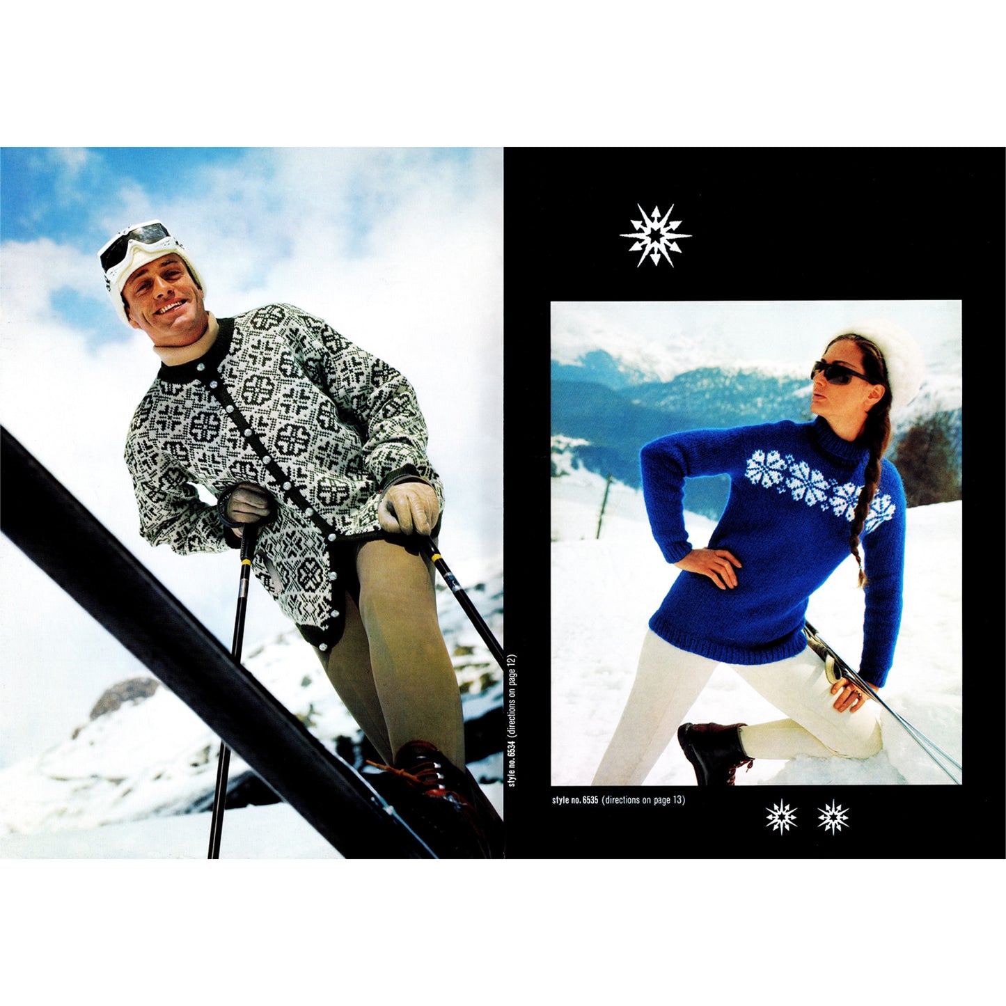 Two people in Nordic or Scandinavian ski sweaters with a mountain background