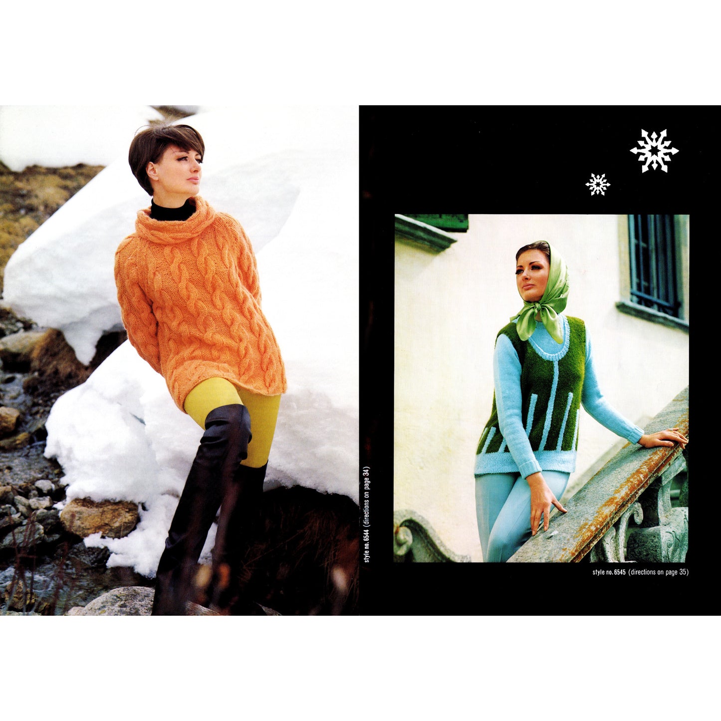 Two women in vintage clothing; one in an orange sweater by a snowy stream, the other in a green outfit by a building.