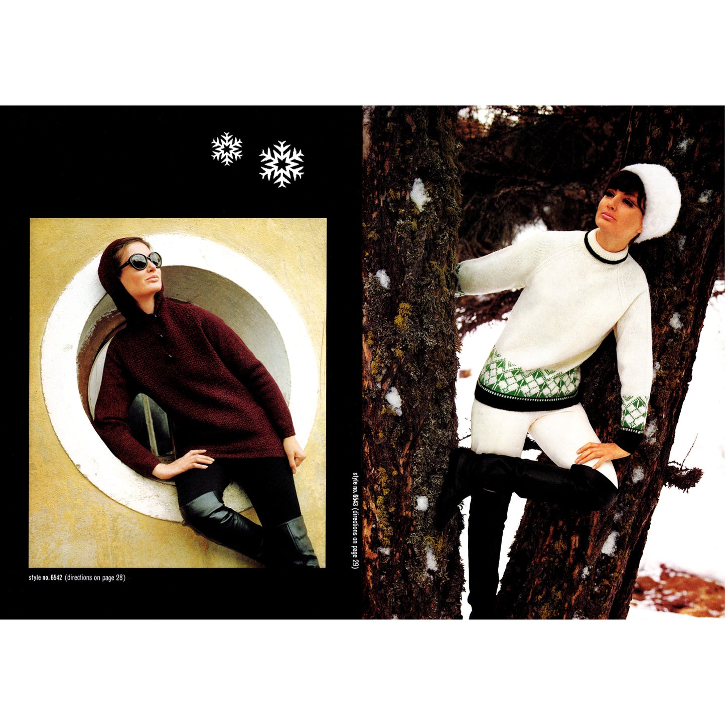 Two fashion models in different settings, one sitting in a circular frame and the other against a snowy tree, wearing hand knit sweaters