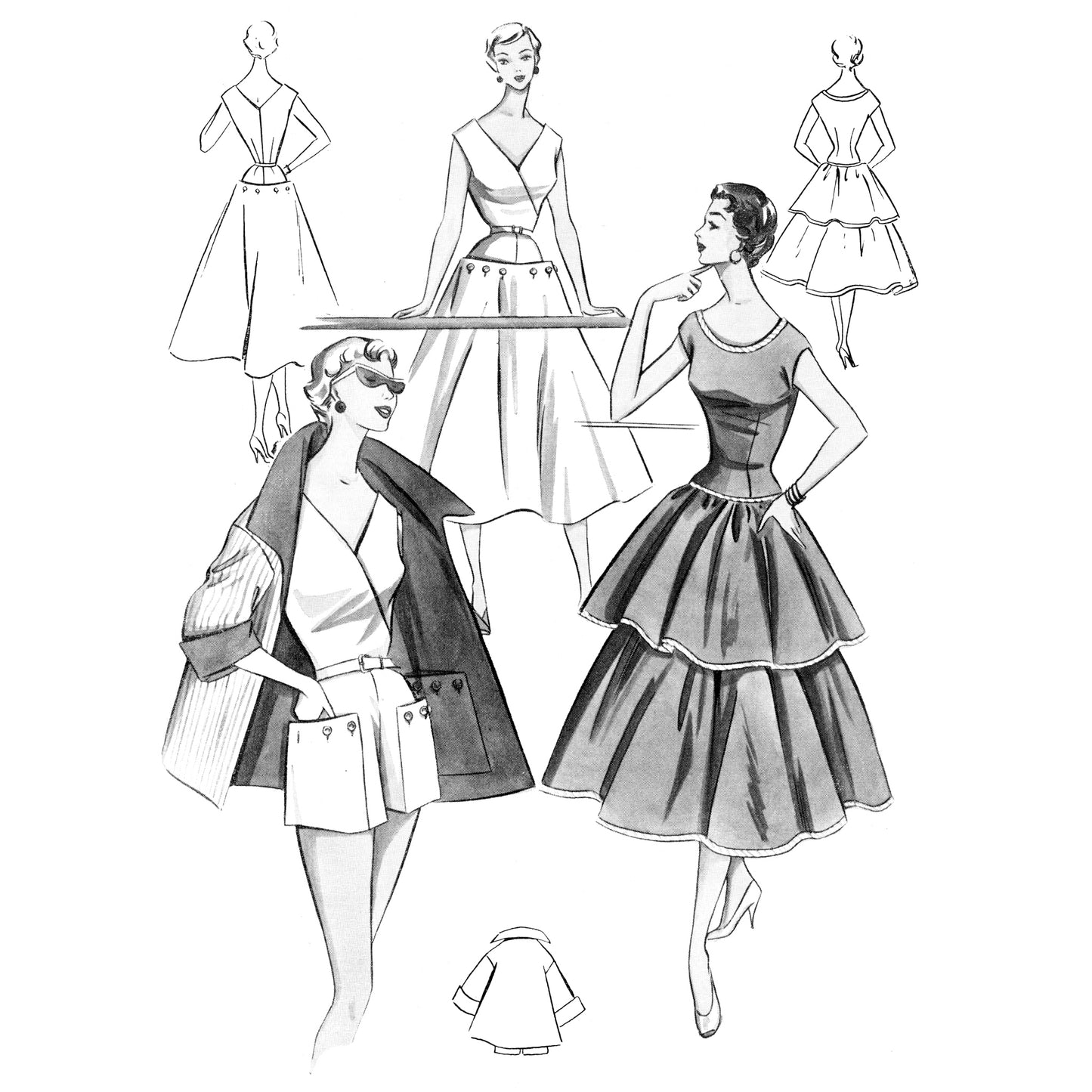 Vintage fashion illustration of a woman wearing a tiered dress, and another wearing a beach dress and playsuit