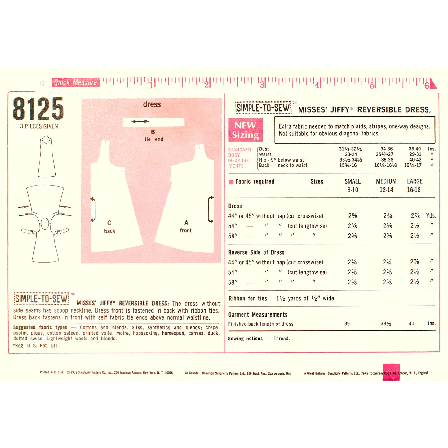 Vintage 1960s Simplicity sewing pattern for a reversible wrap dress, multi-size, envelope back