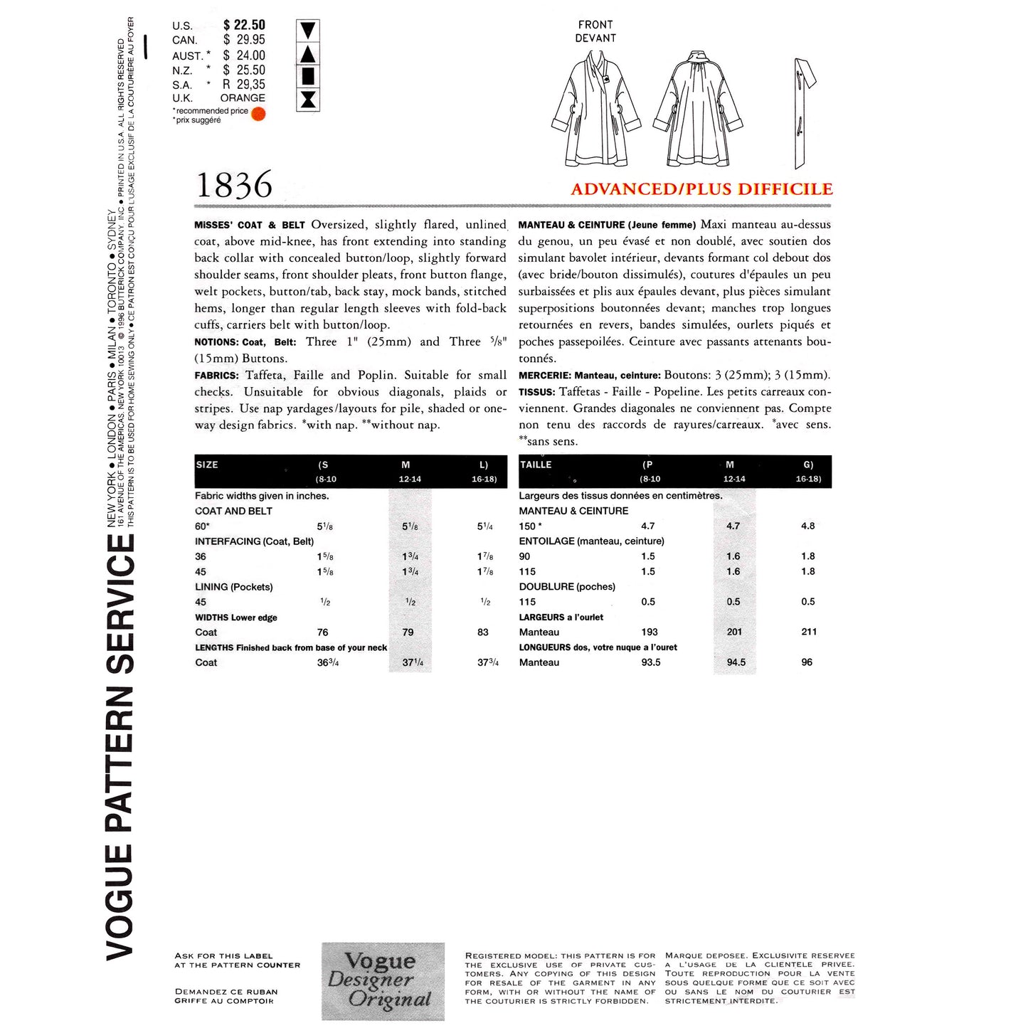 Vogue pattern service catalog page with coat design and measurement chart