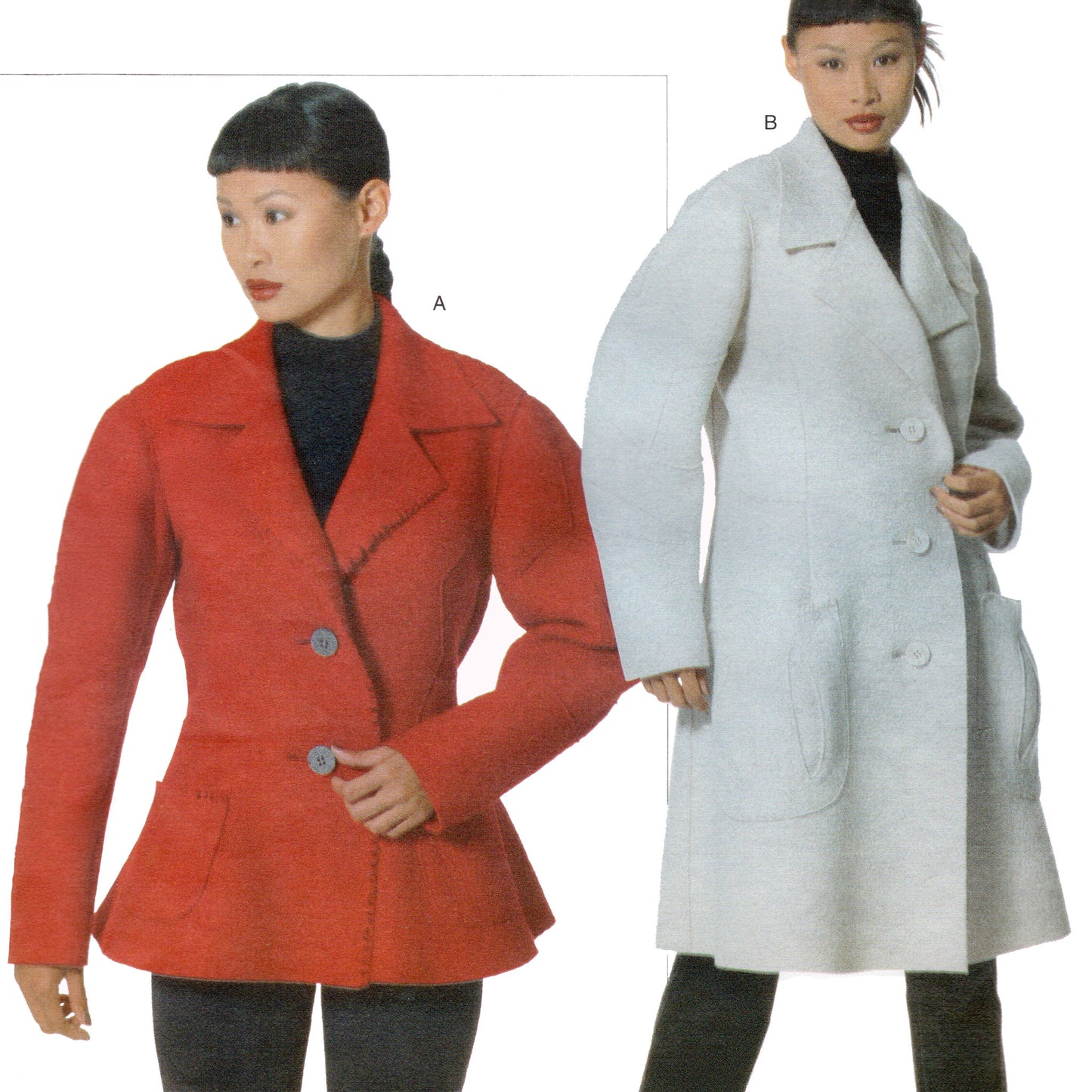 Two women wearing red and white coats on a white background