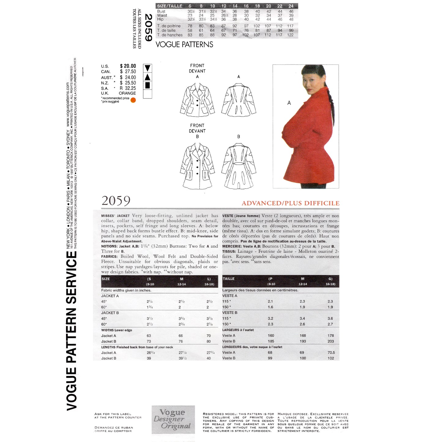 Vogue pattern envelope back for a red jacket and white coat with size chart and model wearing the jacket.