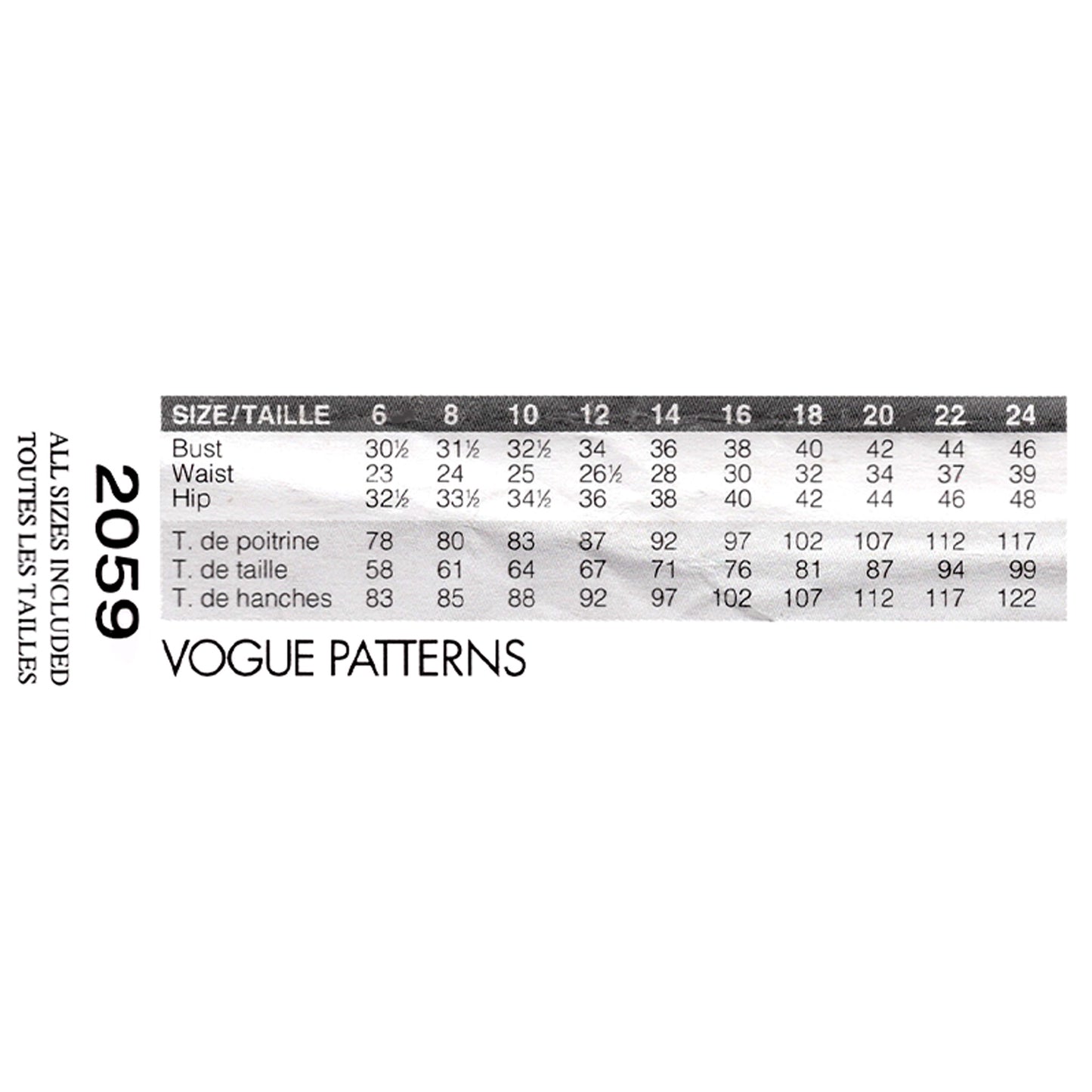 Size chart for Vogue Patterns 2059 on a white background