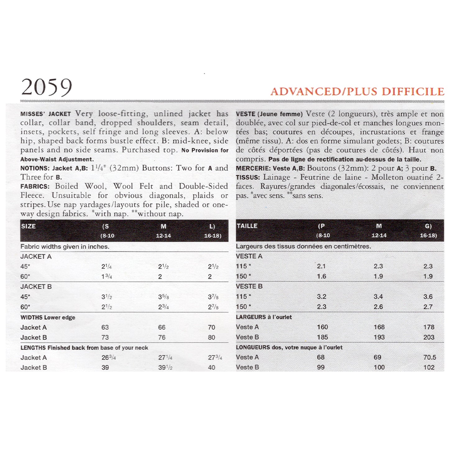 Textual design of a pattern book with measurements and fabric requirements for jackets.