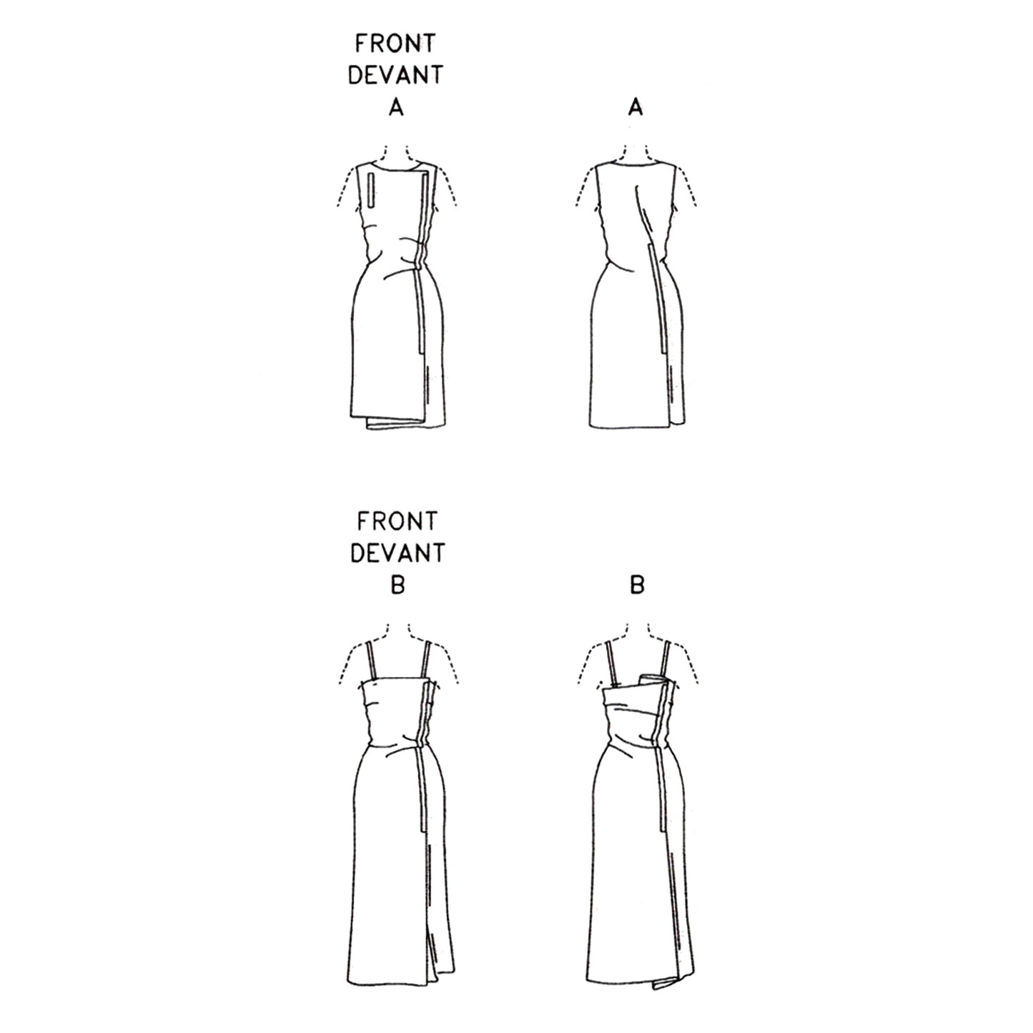 Technical drawing of a dress with front and back views labeled A and B on a white background.