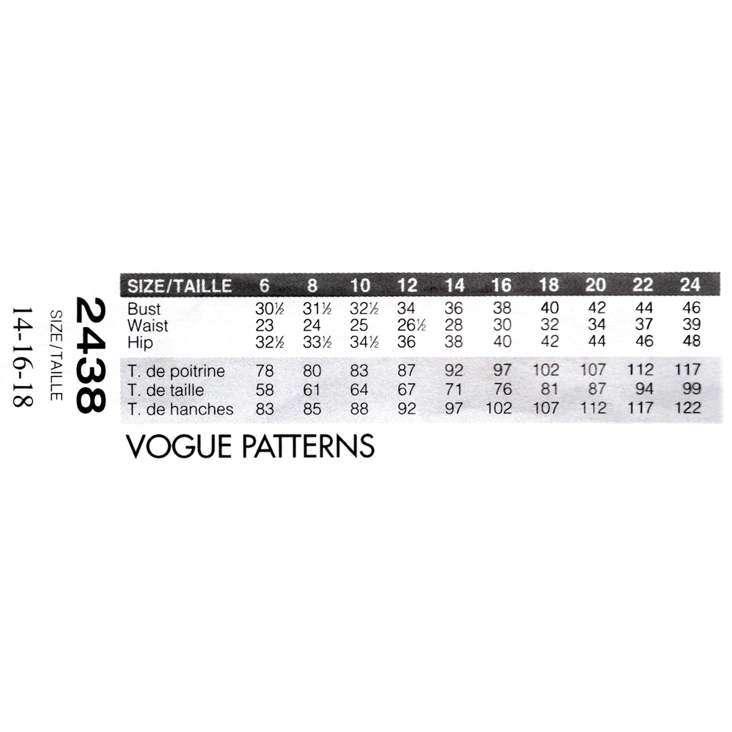 Vogue Patterns size chart for garment measurements on a white background