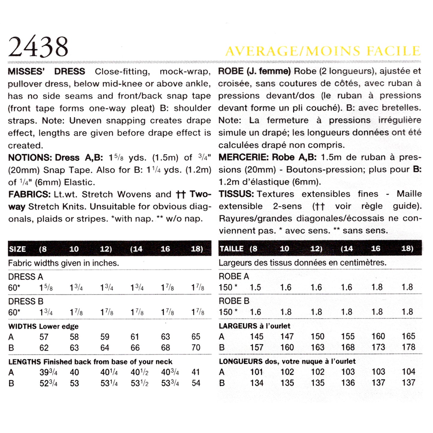 Textual fabric and pattern information sheet with measurements and specifications.