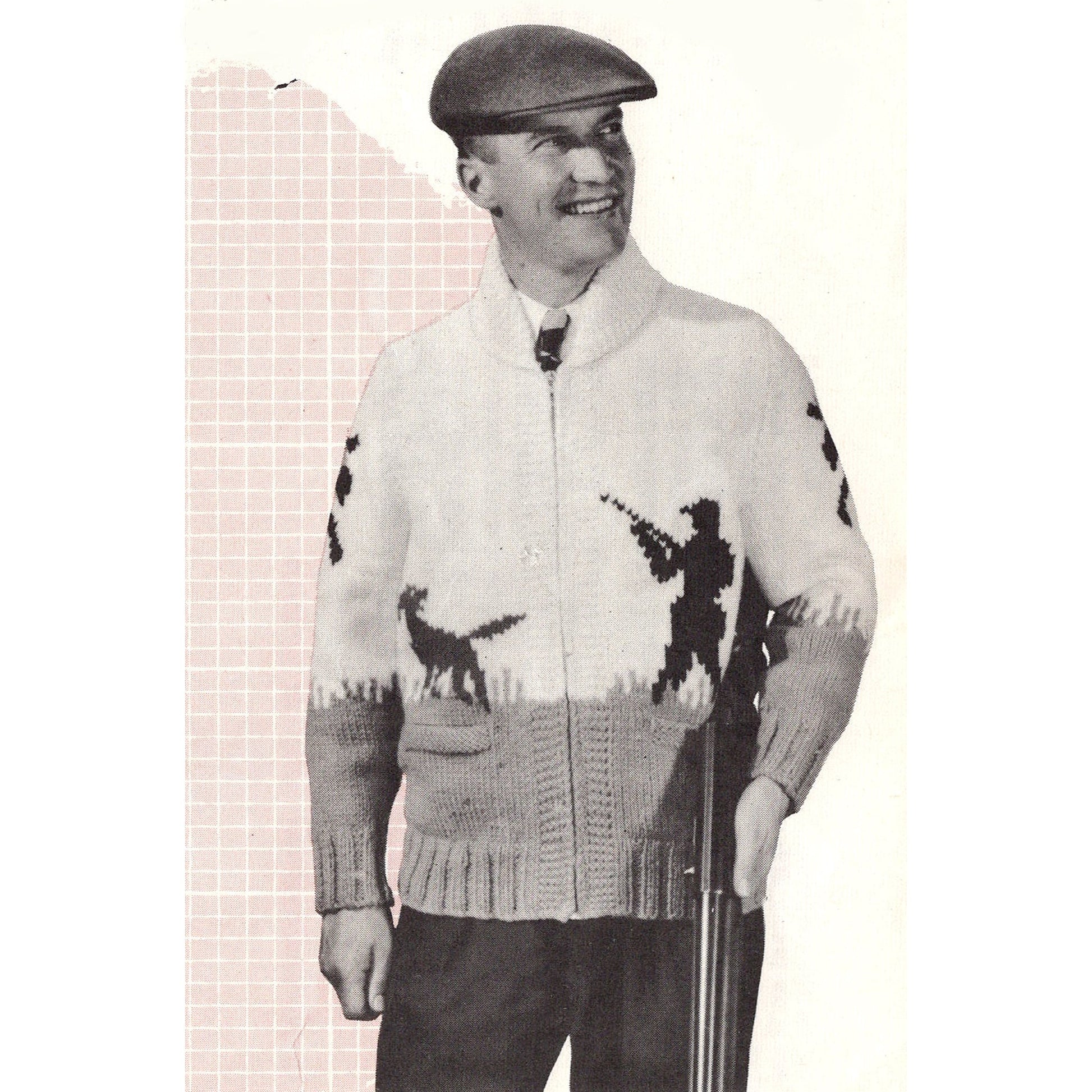 Black and white photo of a man wearing a Cowichan style Mary Maxim cardigan with a pheasant hunt design