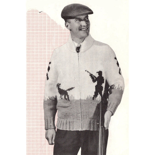 Black and white photo of a man wearing a Cowichan style Mary Maxim cardigan with a pheasant hunt design