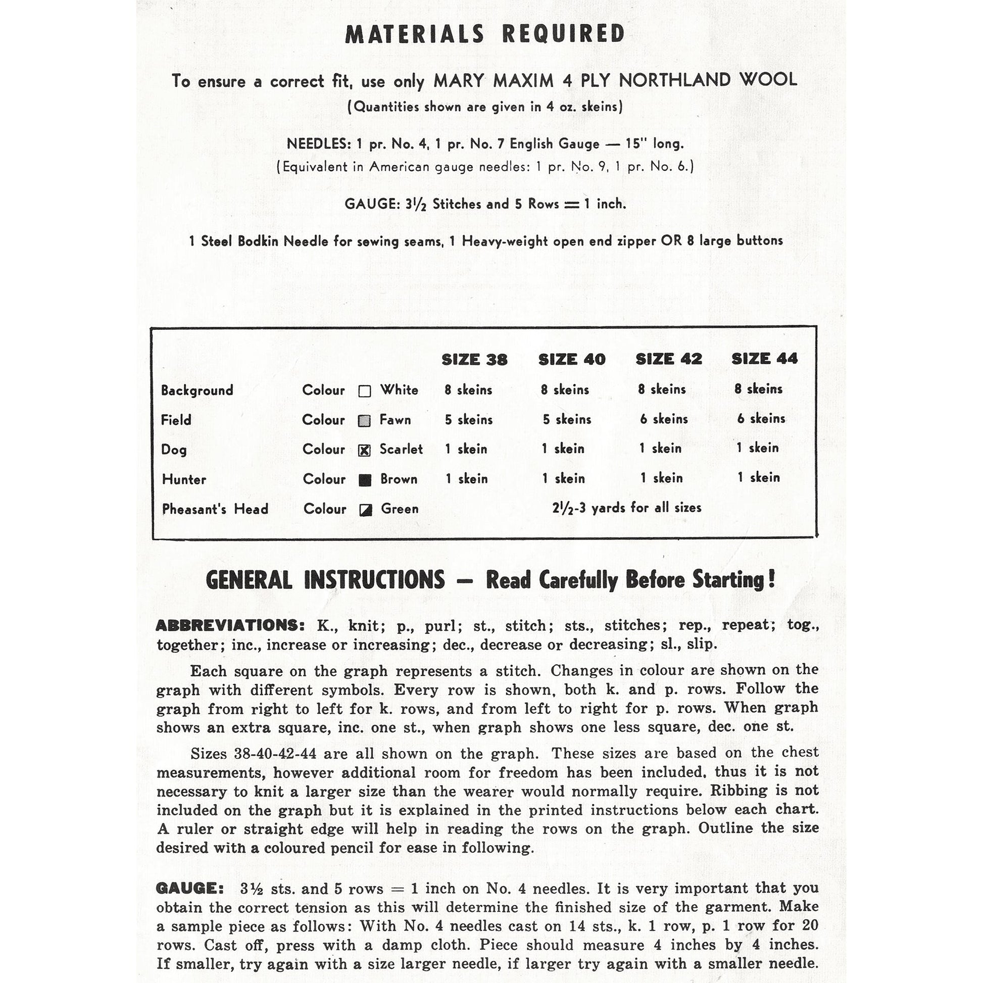 Back cover of Mary Maxim knitting pattern leaflet showing specifications for sizes, yarn, and gauge