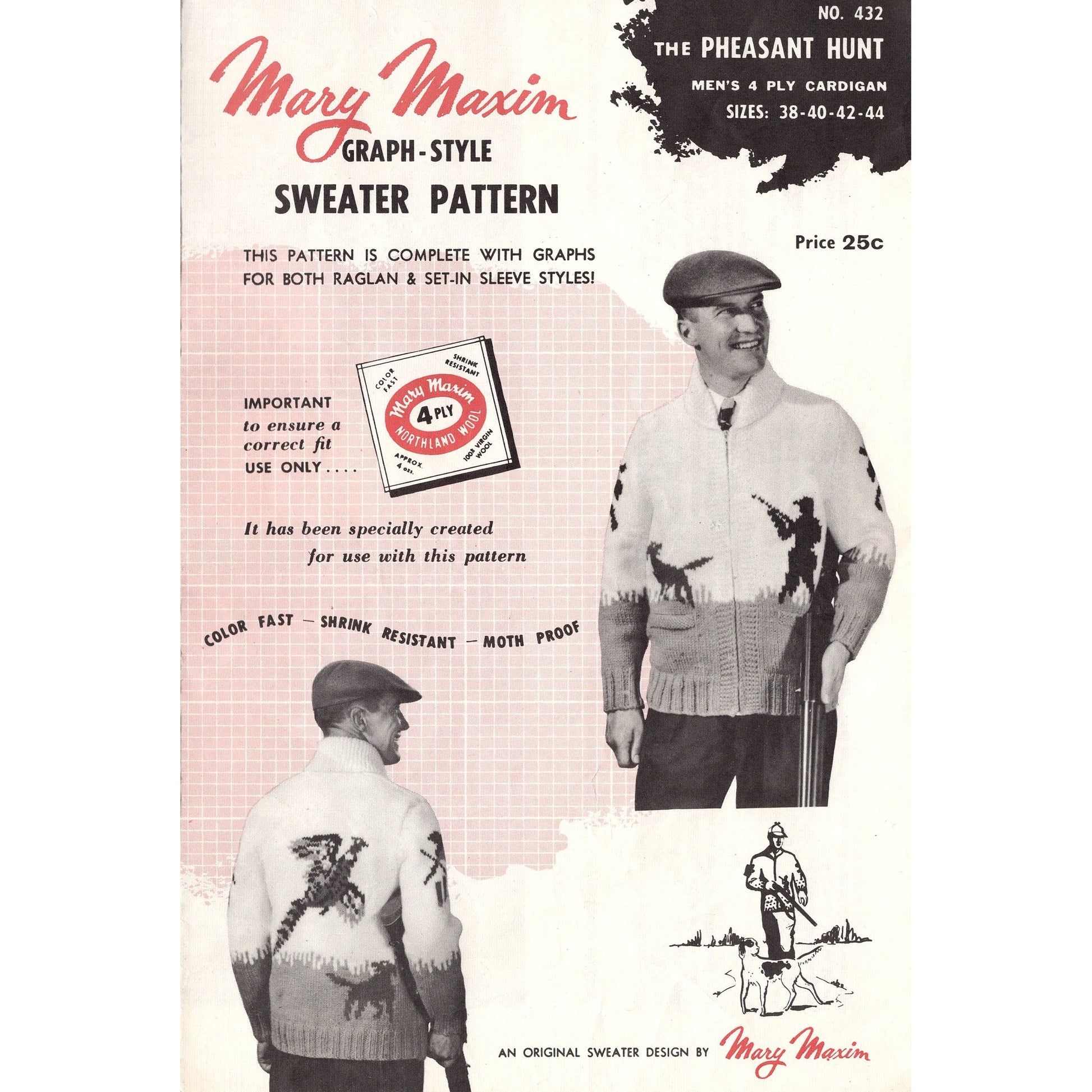 Vintage 1950s Mary Maxim knitting pattern leaflet cover with period graphics showing front and back views of a pheasant hunting design cardigan