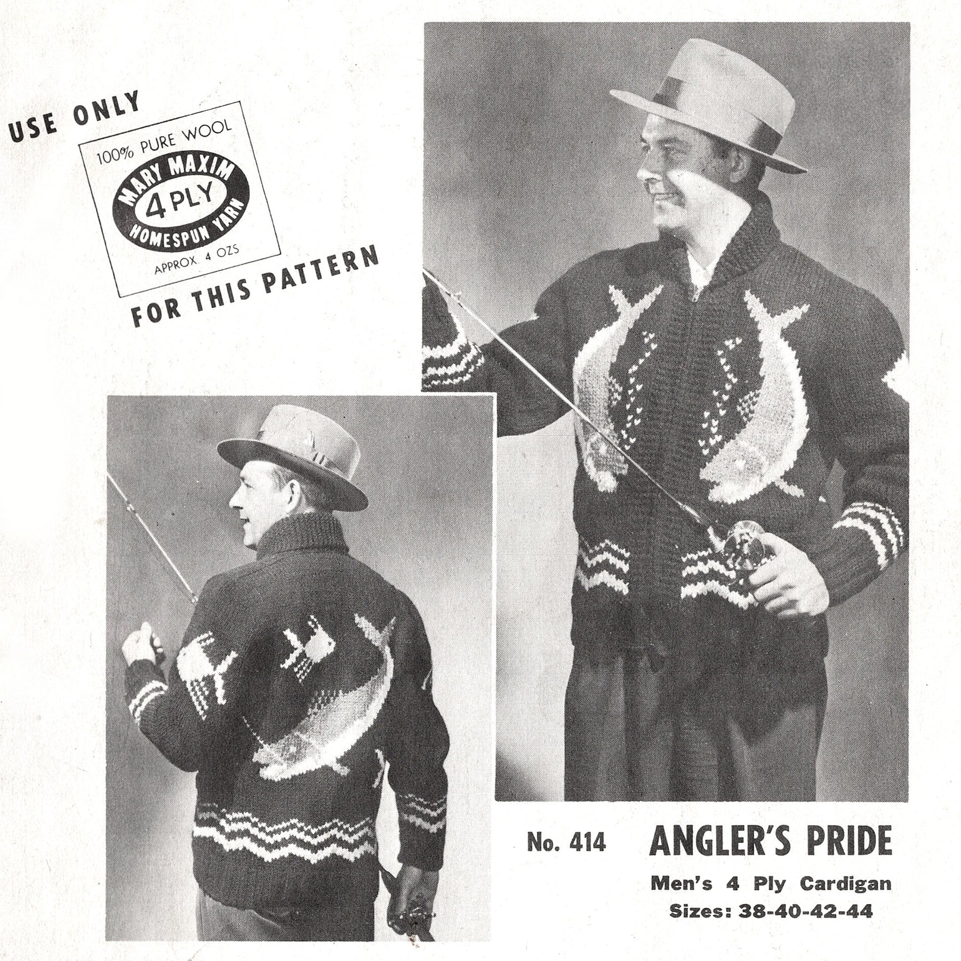 Cover of vintage Mary Maxim Angler's Pride knitting pattern leaflet for a unisex zip front Cowichan sweater with fish motifs - front and back views on male model and period graphics-close-up view
