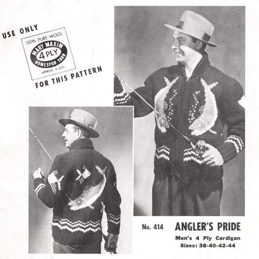 Cover of vintage Mary Maxim Angler's Pride knitting pattern leaflet for a unisex zip front Cowichan sweater with fish motifs - front and back views on male model and period graphics-close-up view