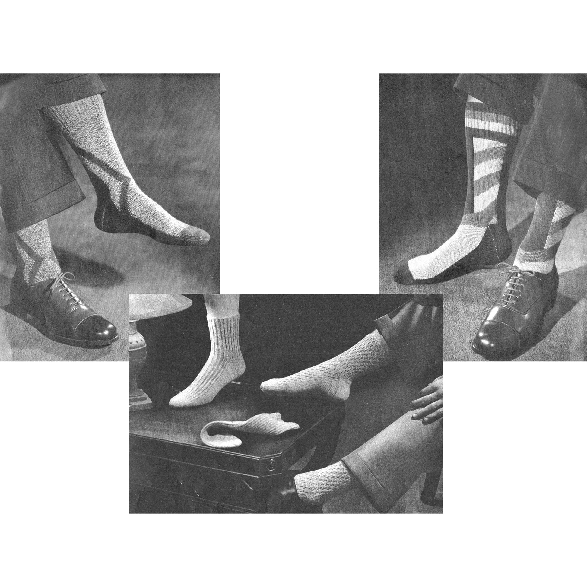 Vintage 1950s knitting pattern book "Men's Socks by Beehive" - four pairs of socks: two patterned dress socks and two pairs of textured sports socks
