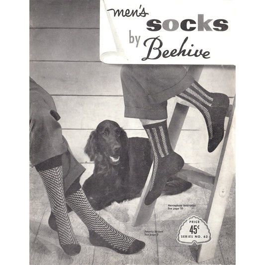 Vintage 1950s knitting pattern book "Men's Socks by Beehive" - cover of book showing two pairs on socks with a dog on the floor