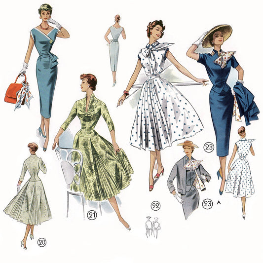 Vintage 1950s colour fashion illustration showing a selection of women's cocktail dresses, day dress, and a suit