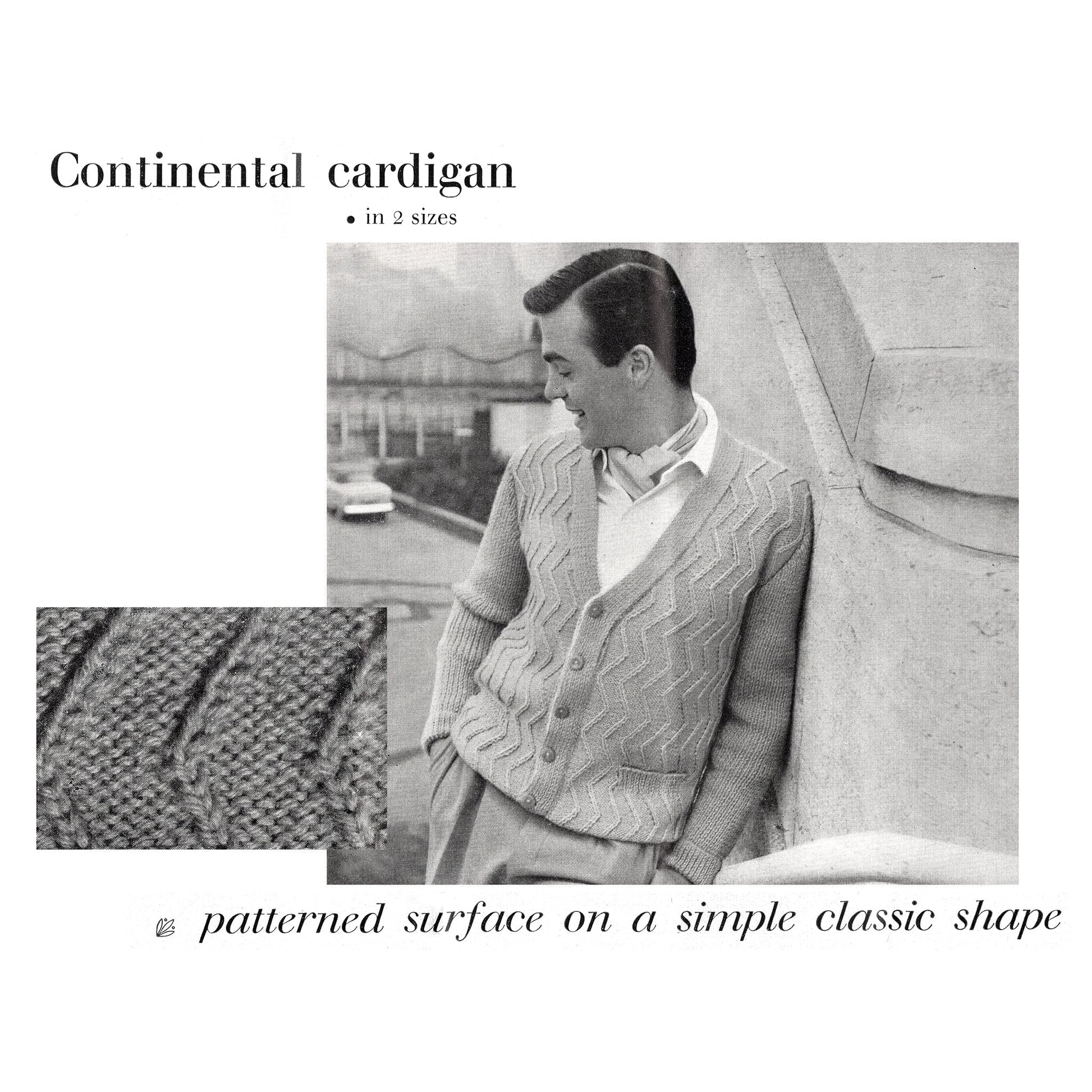 A gray knitted cardigan with a chevron pattern. The cardigan has a v-neck and buttons down the front. The text 'Continental cardigan' and 'in 2 sizes' is visible. The text 'patterned surface on a simple classic shape' is also visible.