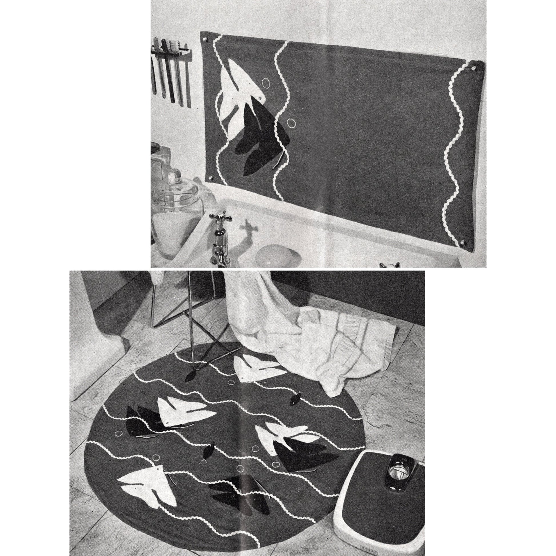 A black and white bathroom rug with a fish design. The rug is round and has a white border. There is a white towel on the floor next to the rug. There is a scale on the floor next to the rug. The scale is black and white and has the word 'INVAL' on it. The rug is hanging on the wall behind the sink. The rug is black and white and has a fish design. There are some toothbrushes hanging on the wall behind the sink.