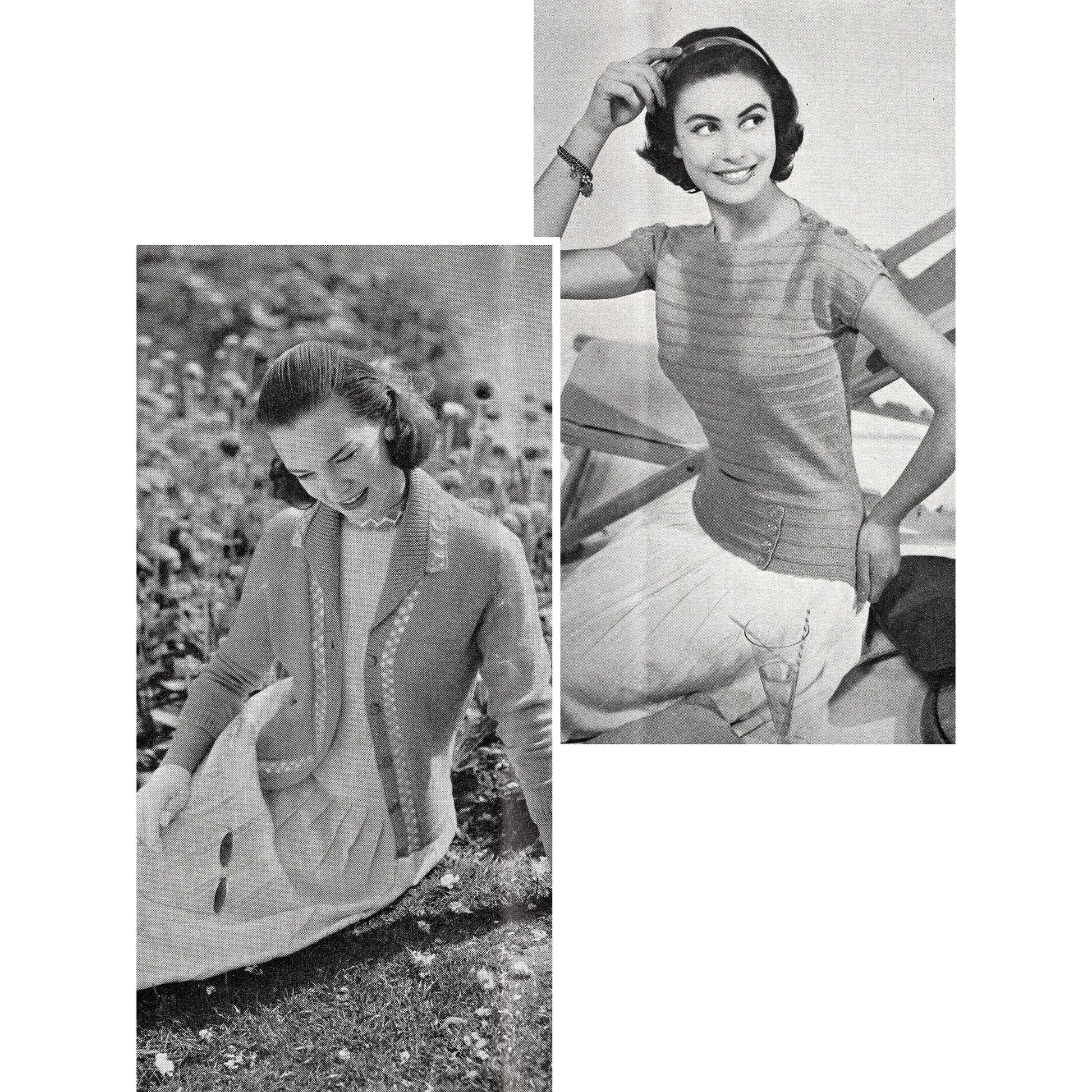 Two women wearing knitted sweaters. The woman on the left is wearing a pink cardigan with a white trim. The woman on the right is wearing a striped sweater with short sleeves.