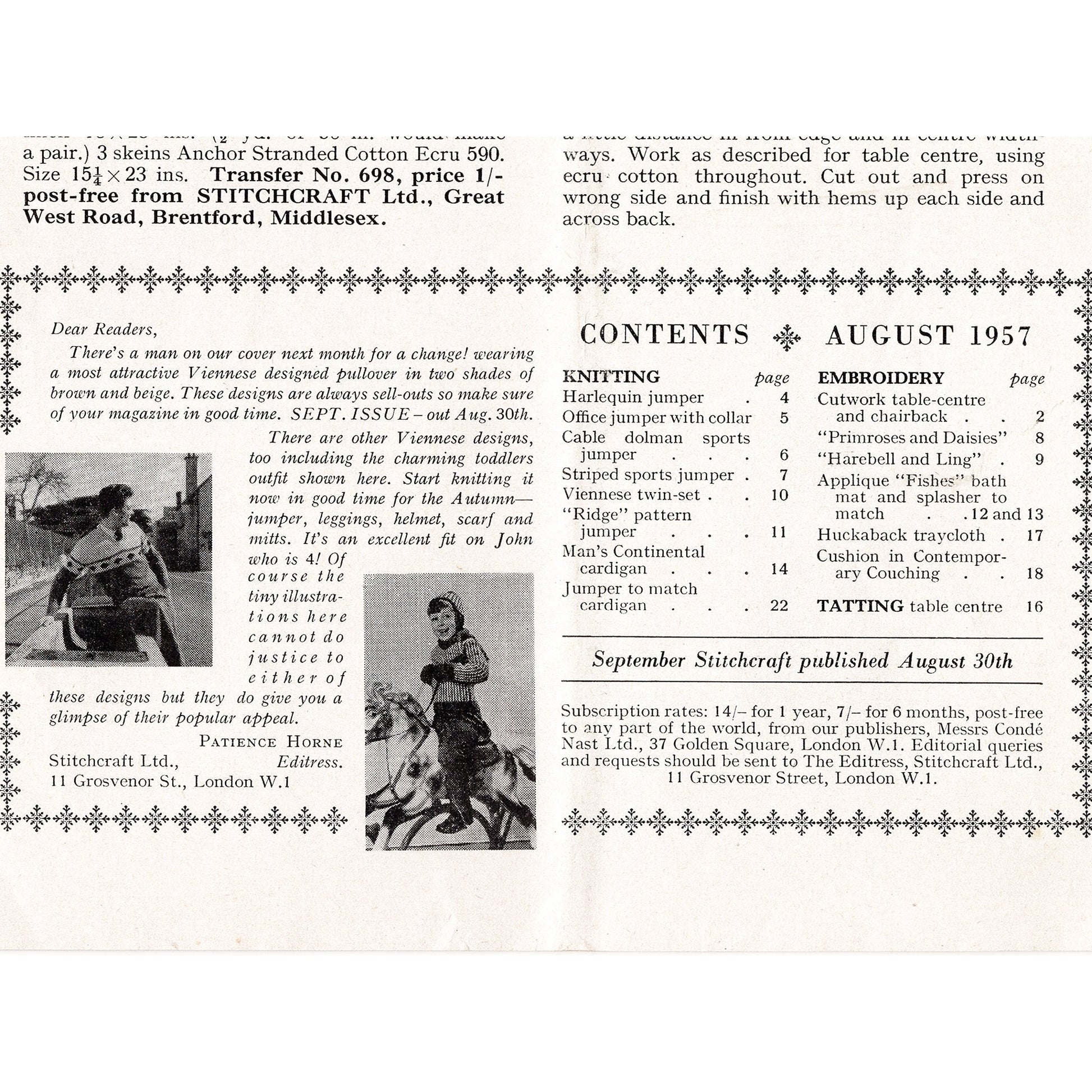 A magazine page with a black and white photo of a child wearing a knitted jumper and riding a rocking horse. The page also includes a table of contents for knitting and embroidery patterns, as well as a subscription information section. The text on the page reads: 'Stitchcraft', 'August 1957', 'Knitting', 'Embroidery', 'Tatting', 'September Stitchcraft published August 30th'.