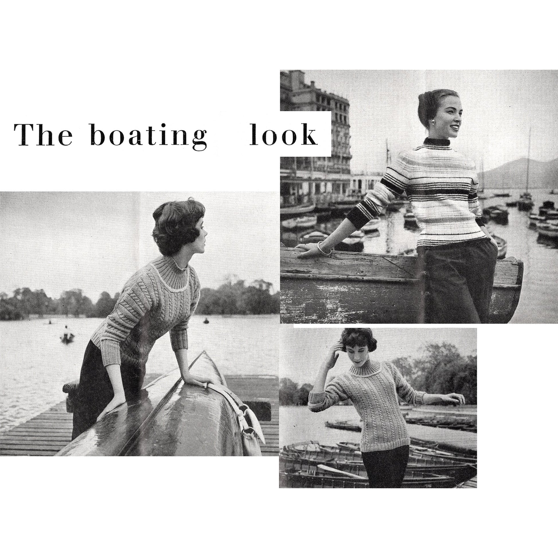 Three women wearing different striped sweaters. The sweaters are all in black and white. The women are standing in front of a body of water with boats in the background. The text 'The boating look' is at the top of the image.