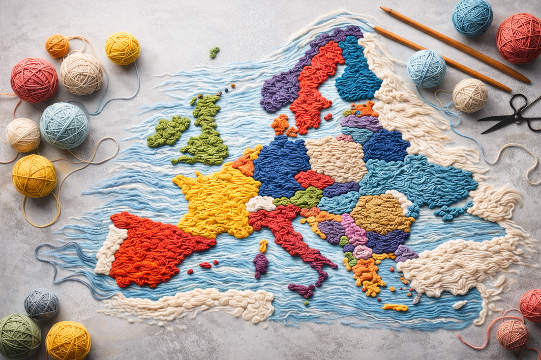 A map of Europe made out of yarn
