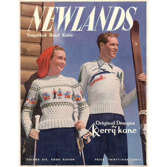 1940s knitting pattern book Newlands Simplified Hand Knits cover, young couple wearing intarsia ski sweaters
