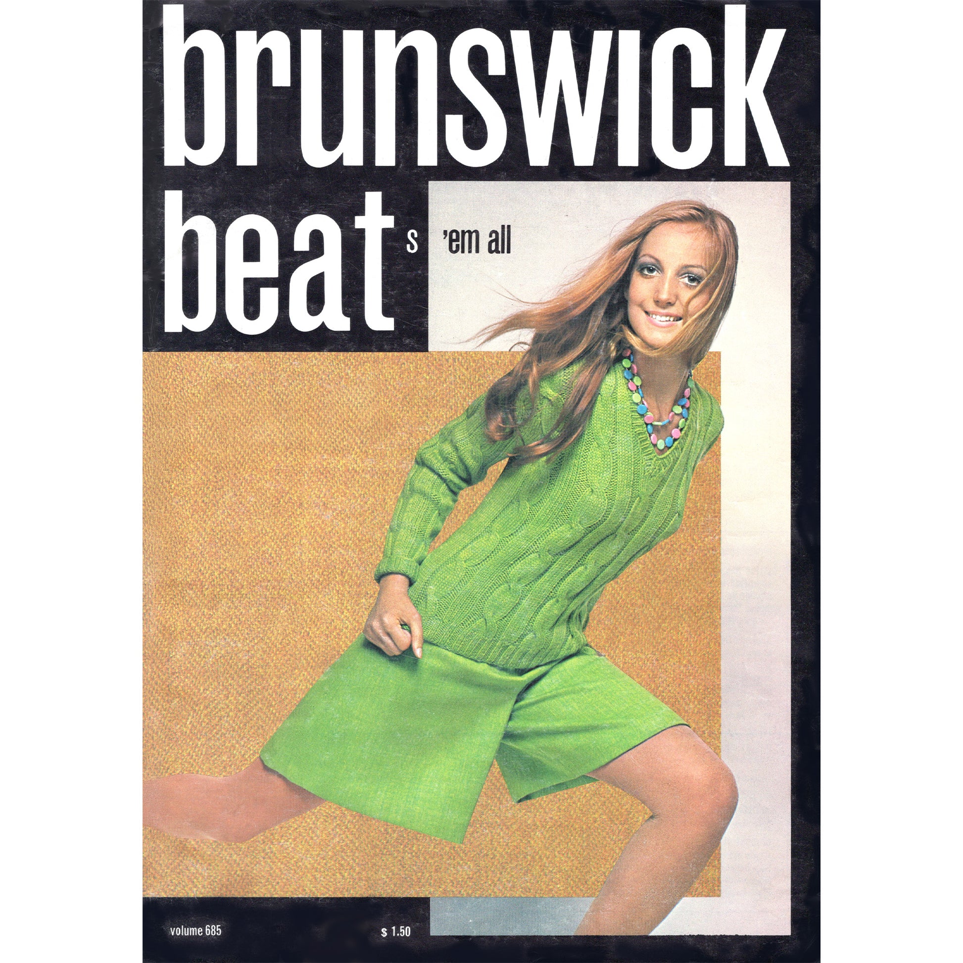 Vintage magazine cover with a woman wearing a green outfit and 'Brunswick Beat' text.