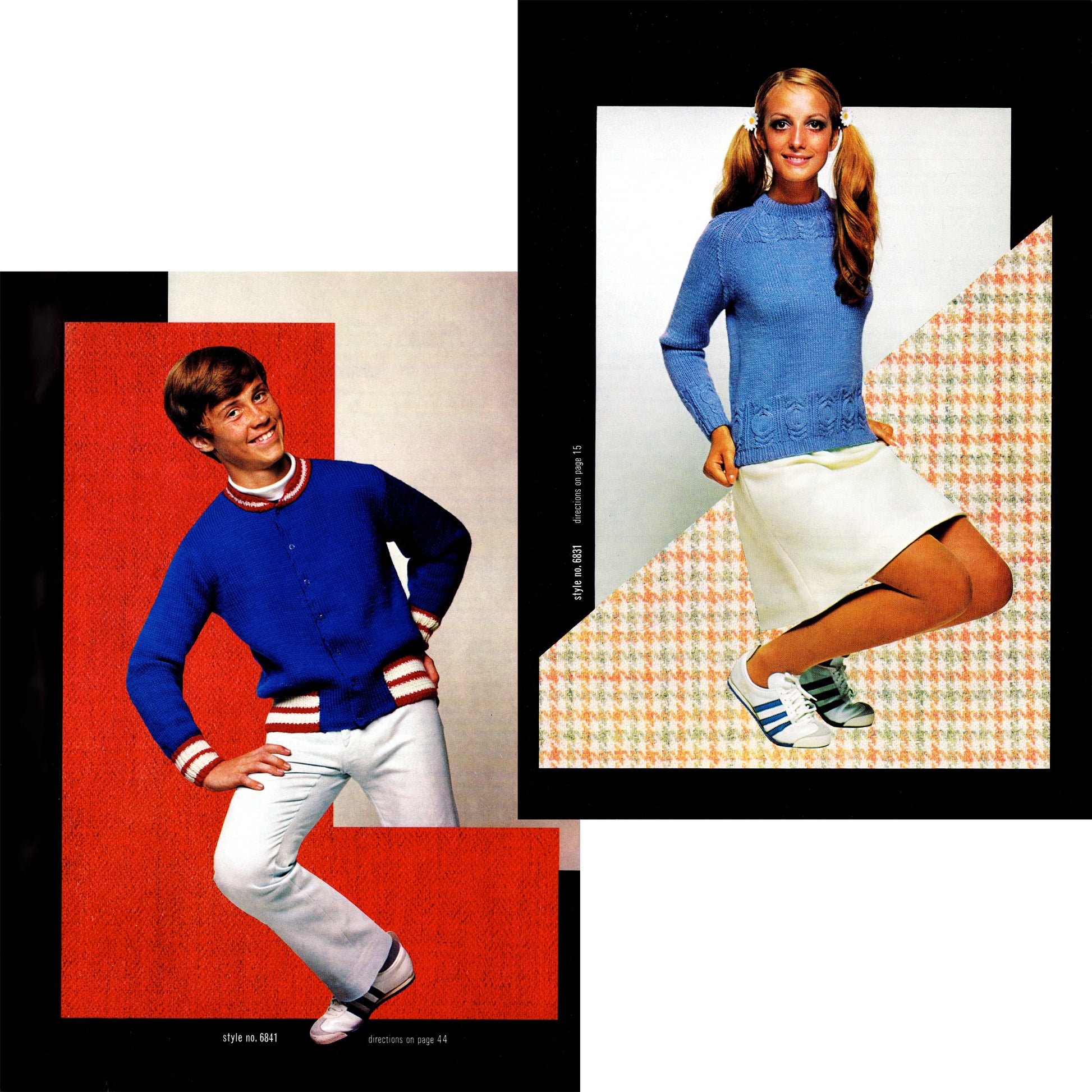 Two people wearing blue sweaters, one on a red background and the other on a patterned background.
