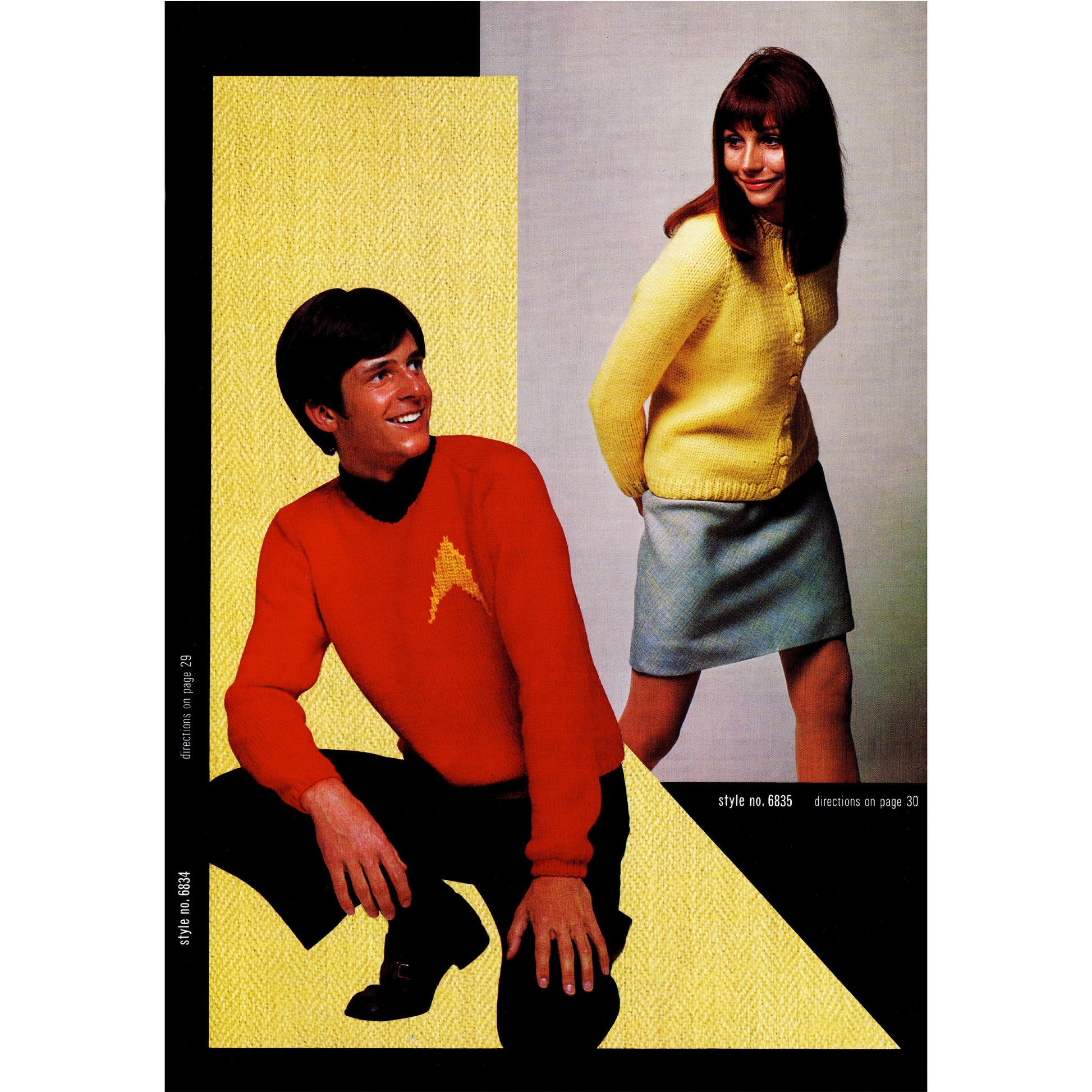 Vintage advertisement featuring a man and woman in colorful clothing on a geometric background