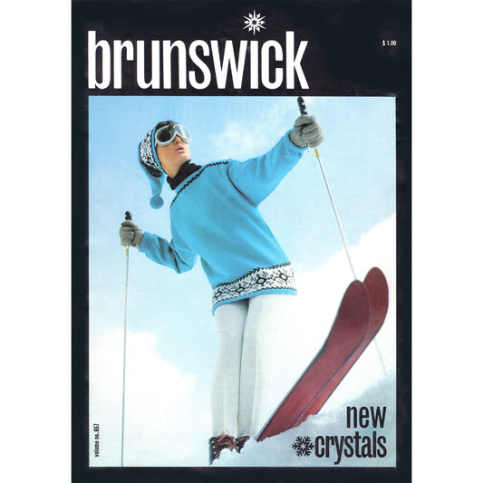 Skiing-themed knitting pattern booklet cover with person in blue sweater and white pants, featuring 'brunswick' brand.