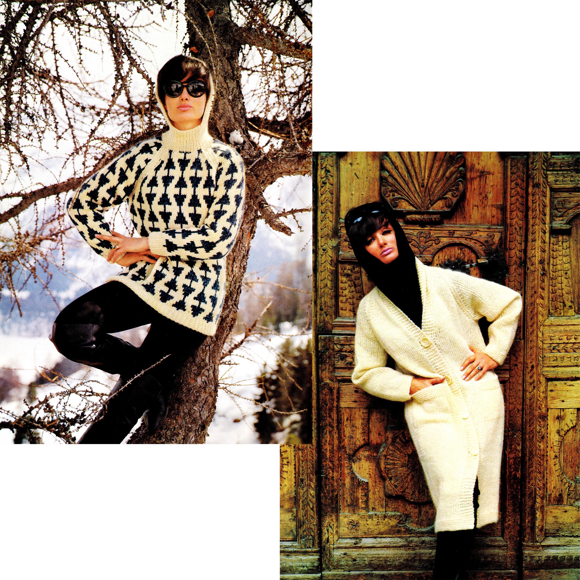 Two images of a person wearing a patterned sweater and a white coat with a hood, standing against different backdrops.