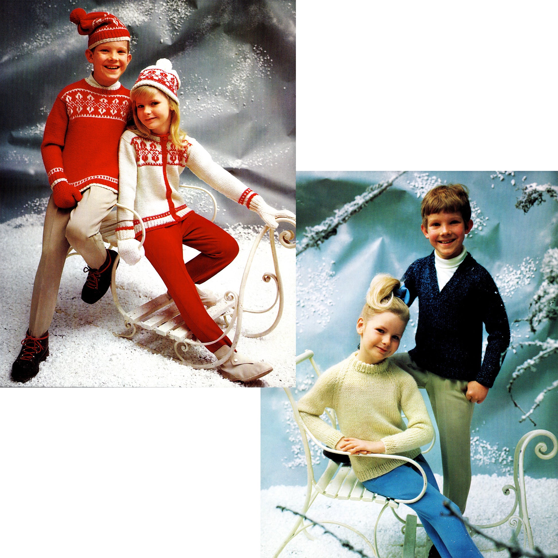 Two vintage-style images of children in winter clothing with snow backgrounds.