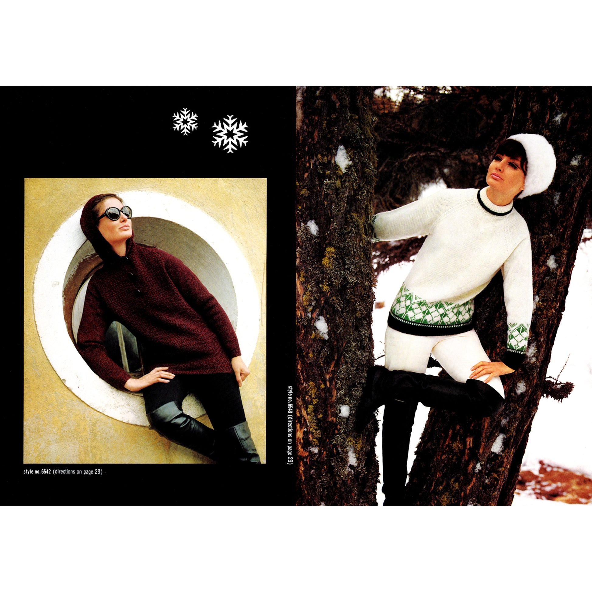 Two fashion models in different settings, one sitting in a circular frame and the other against a snowy tree, wearing hand knit sweaters