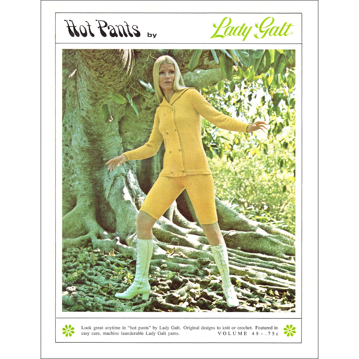 Vintage pattern book cover for 'Hot Pants by Lady Galt' with a model in yellow outfit and white boots in a forest setting.